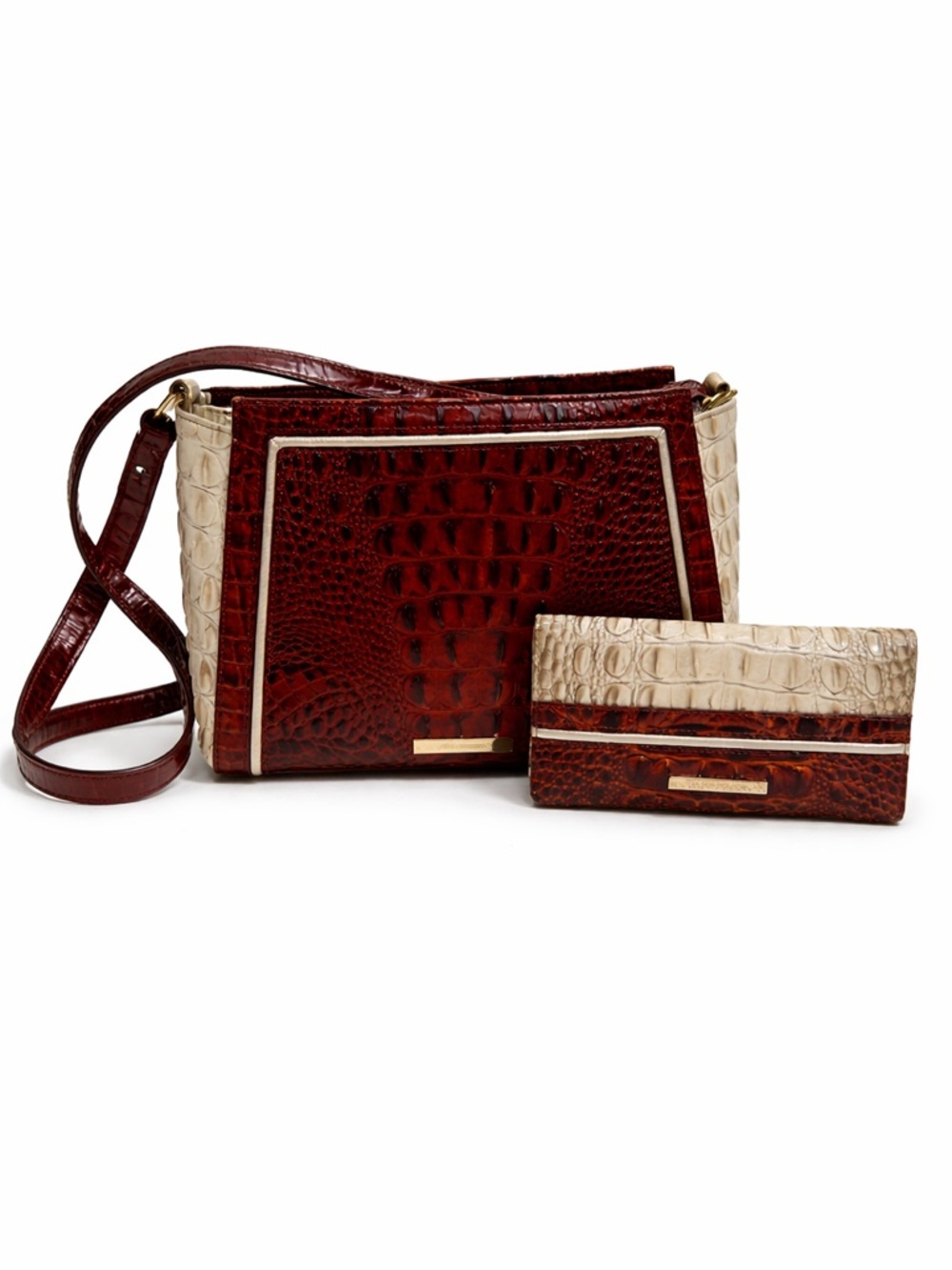Brahmin Croc-Embossed Crossbody and Wallet in Burgundy and Cream